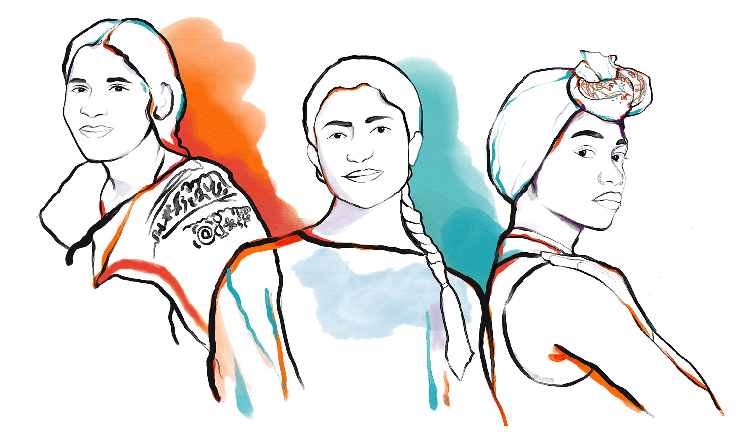 Illustration of women with diverse clothing, hairstyles, suggesting different cultures