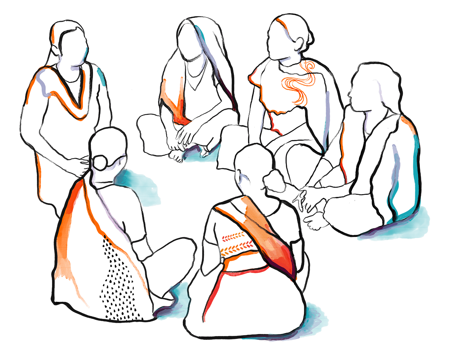 Illustration of South Asian women in a workshop or discussion