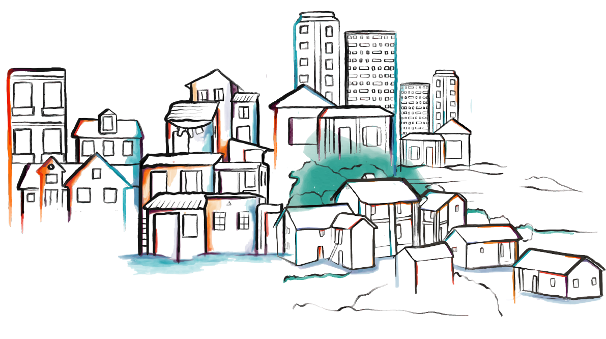 Illustration of a cityscape including high rises and suburban housing