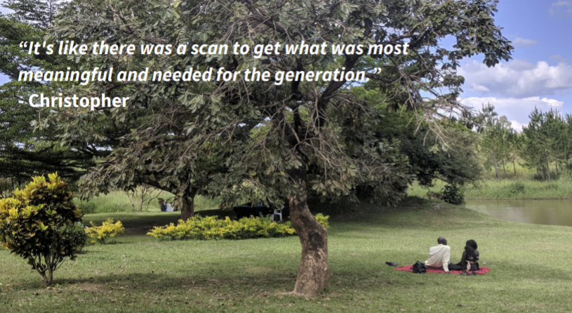 Open quote it's like there was a scan to get what was most meaningful and needed for the generation close quote. Christopher. Image of a couple sat under a large tree in a park.
