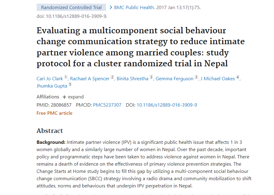 Evaluating a multicomponent social behaviour change communication strategy to reduce intimate partner violence among married couples: study protocol for a cluster randomised trial in Nepal