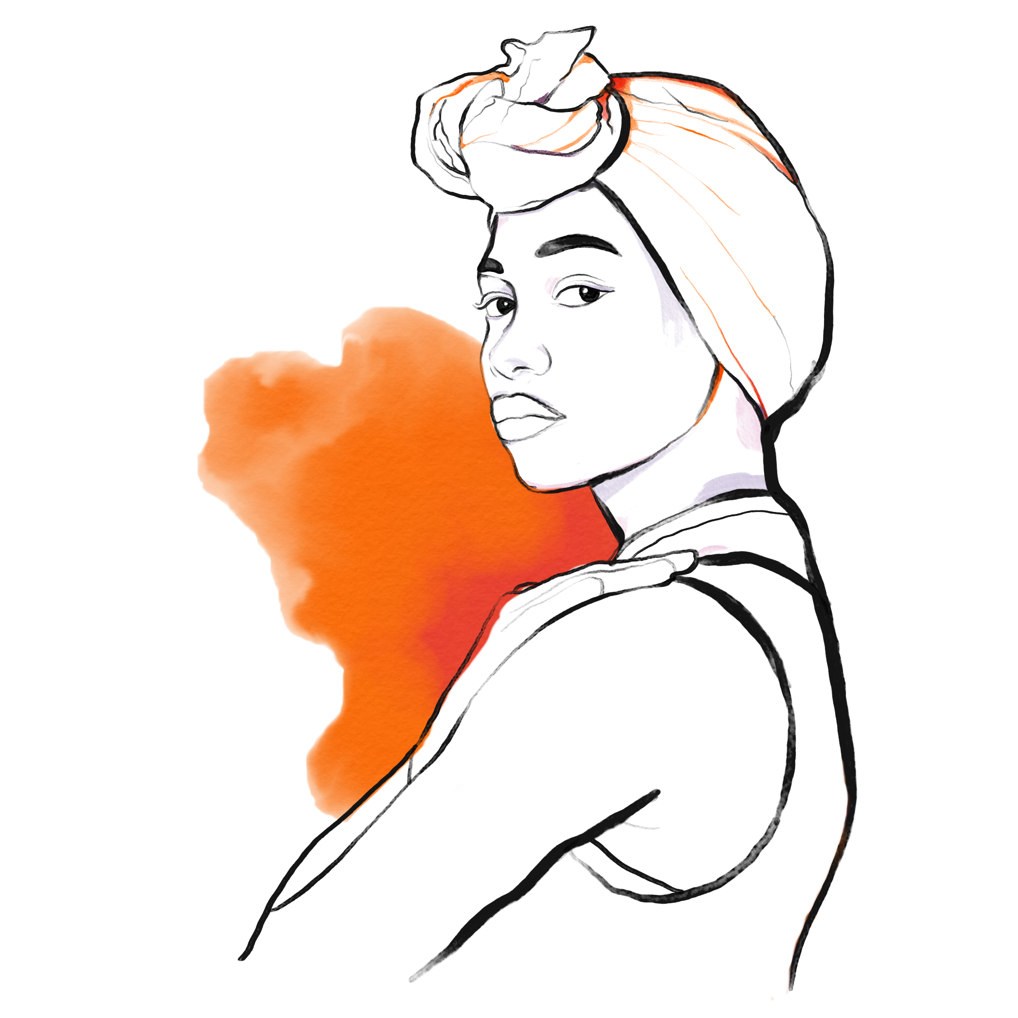 Illustration Of A Young Woman Looking Determind. She Has Her Hand On Her Shoulder, Looking Side-ways And Tieing An Headwrap.