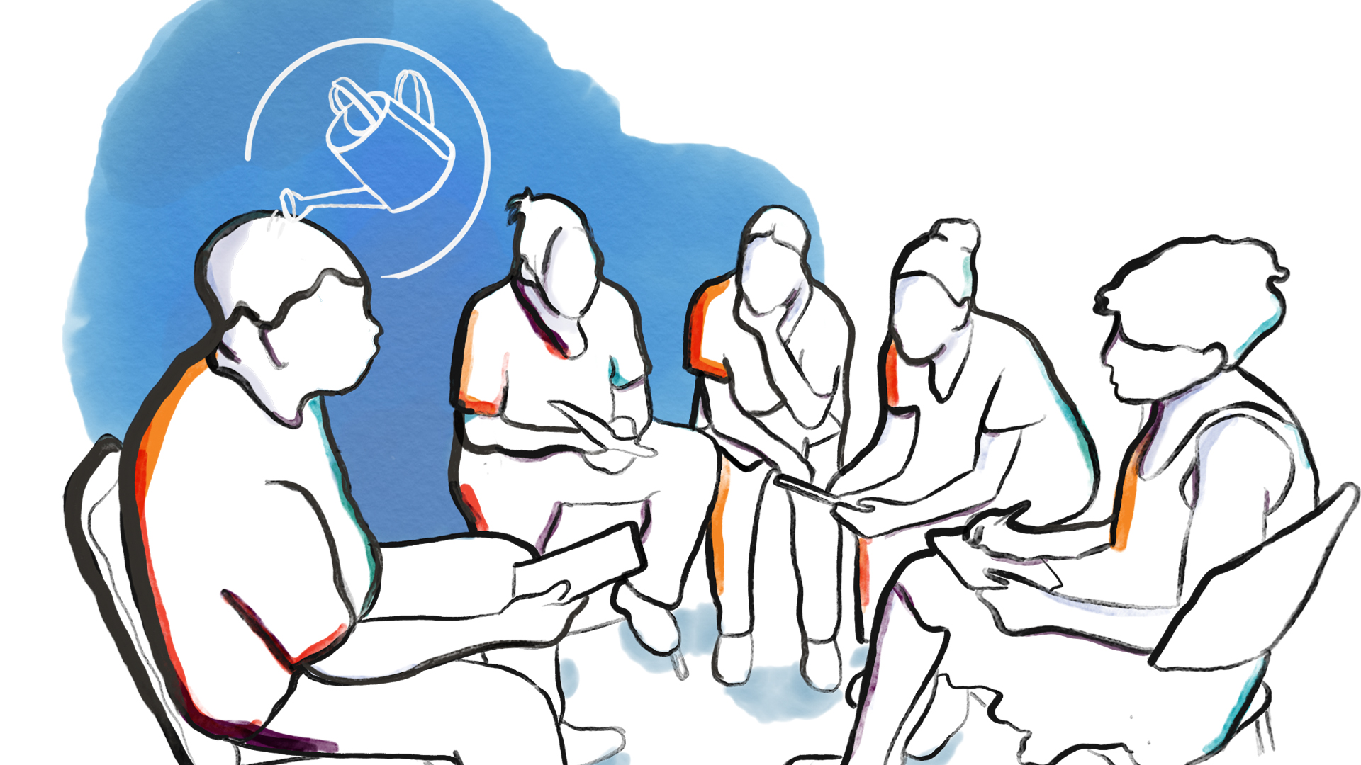 Illustrations Of A Group Of Young People Sitting And Discussing With A Sky Blue Glyph