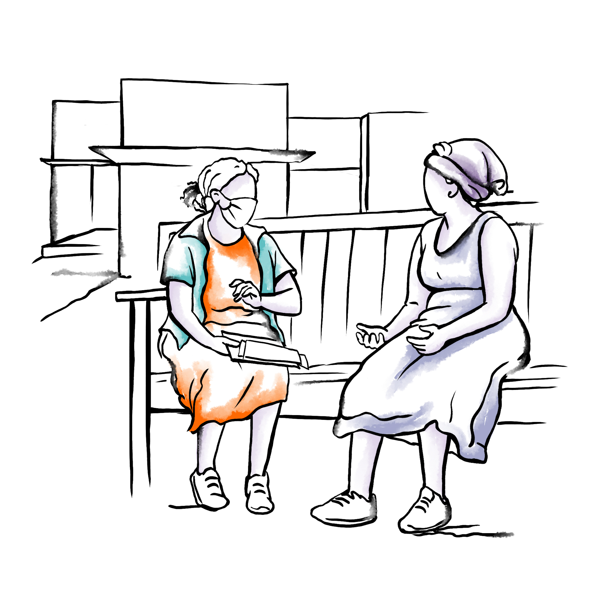 Illustration Of Two Women Sitting On A Bench And Speaking To Each Other. The Woman On The Left Has A Nose Mask On