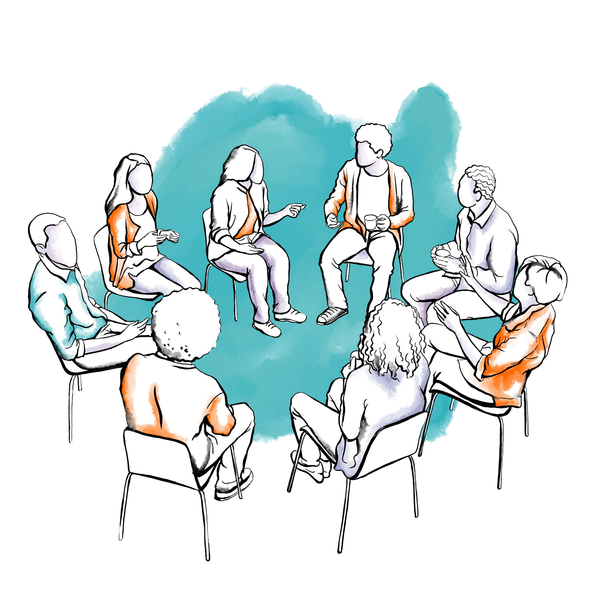 Illustration Of A Group Of People Sitting In A Circle Formation And Having A Discussion.