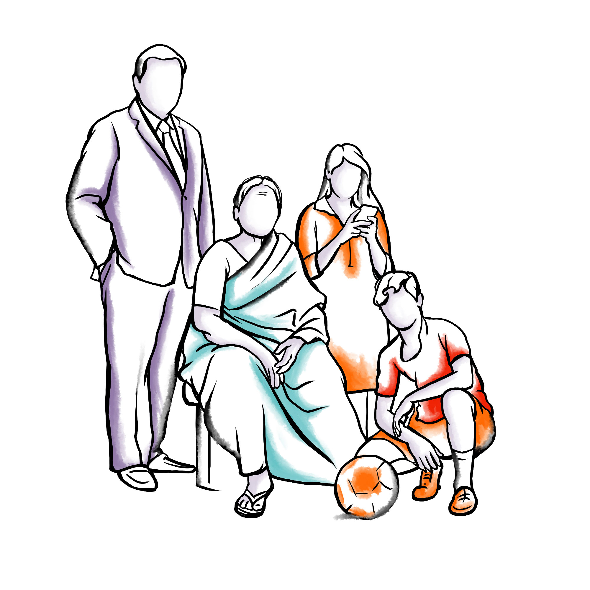Illustration Of An Indian Family. The Mother Is Sitting And The Father Is Standing Beside Her. The Boy Is Holding A Football And The Girl Is Pressing A Phone.