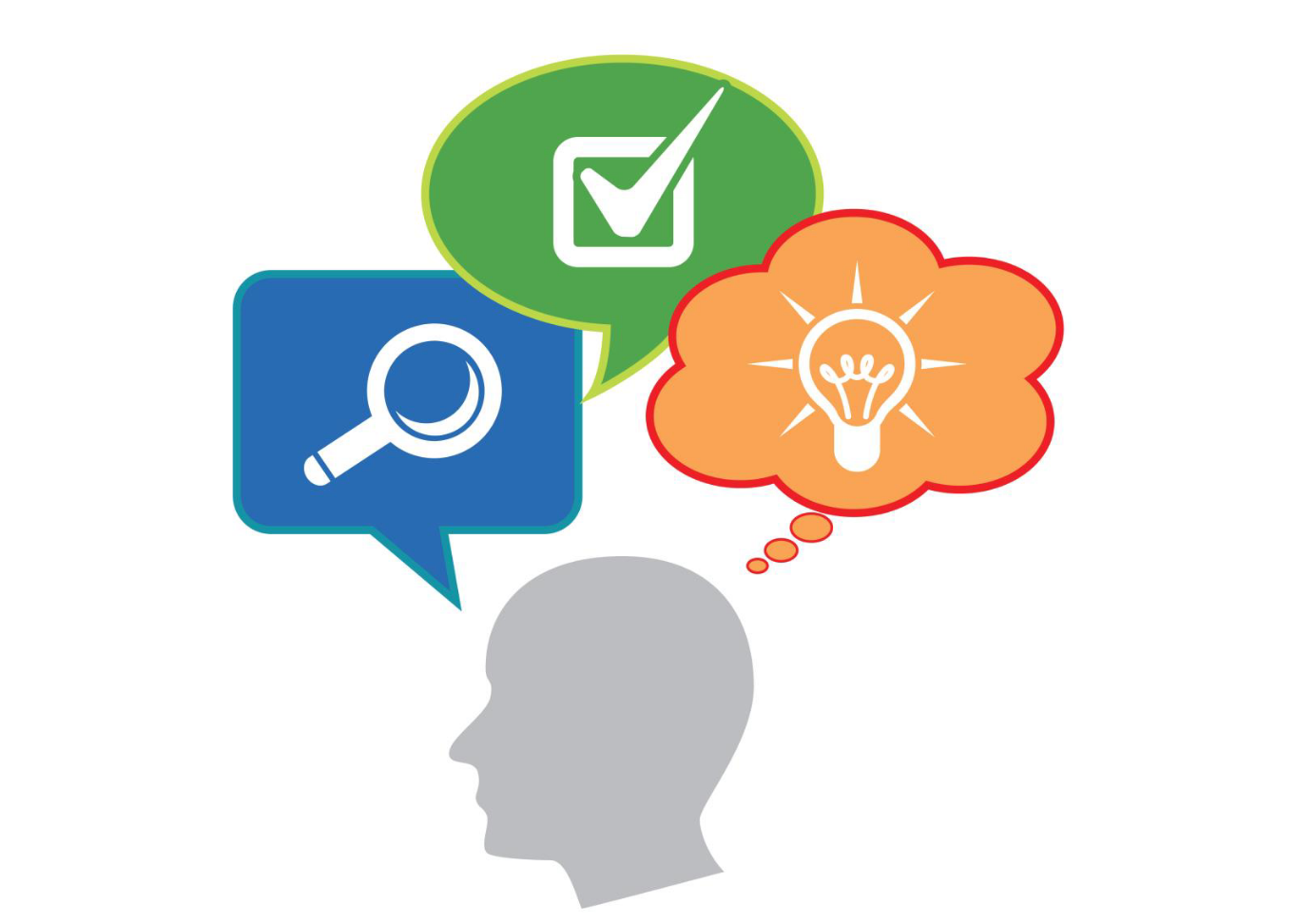 A Silhouette Of A Head Thinking. His Thoughts Are Represented By Bubbles Of A Magnifying Glass, A Ticked Checkbox And A Lightbulb