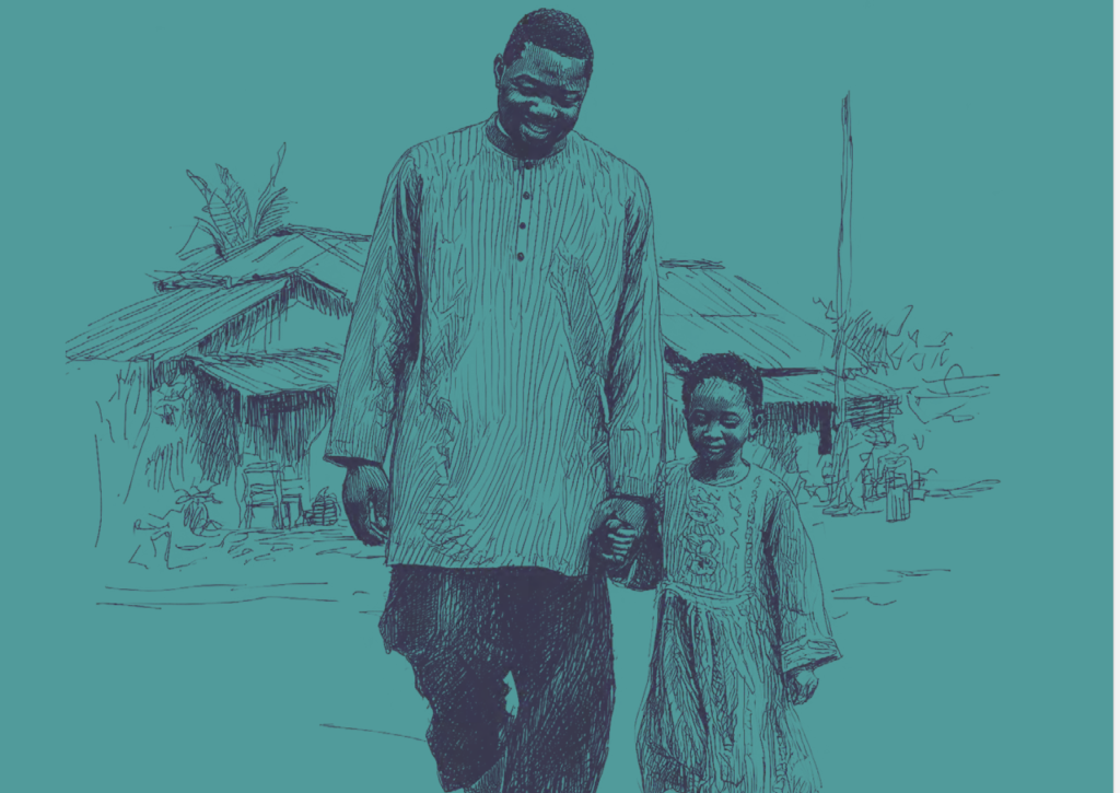 a pencil drawing oaf a man holding a child's hand.