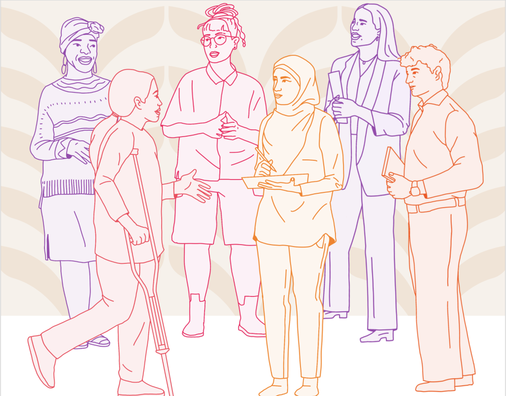 colourful outlines of 6 women and 1 man. One of the women uses a crutch